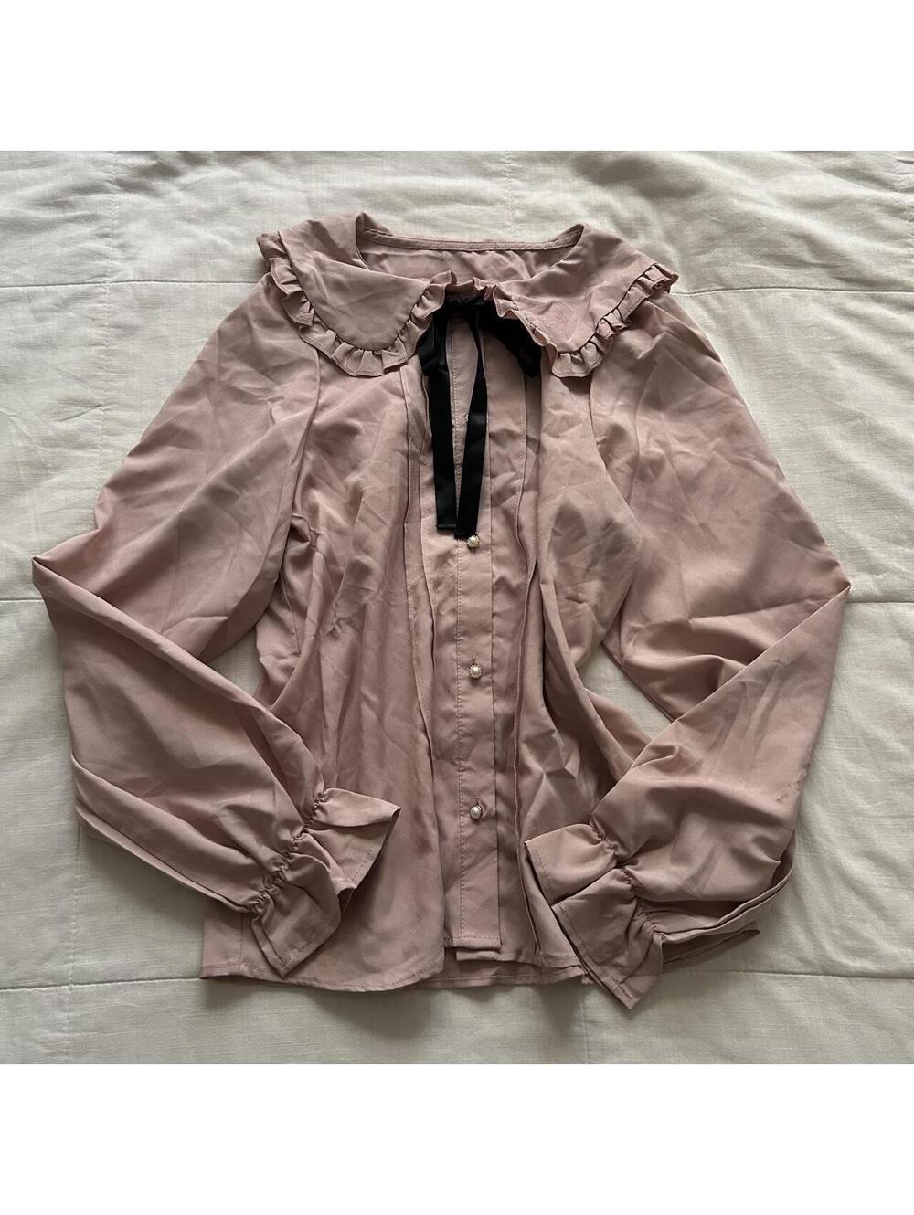 Japanese Mauve Pink Blouse Ruffle Sailor Collar Ribbon Bow Size Small Japan